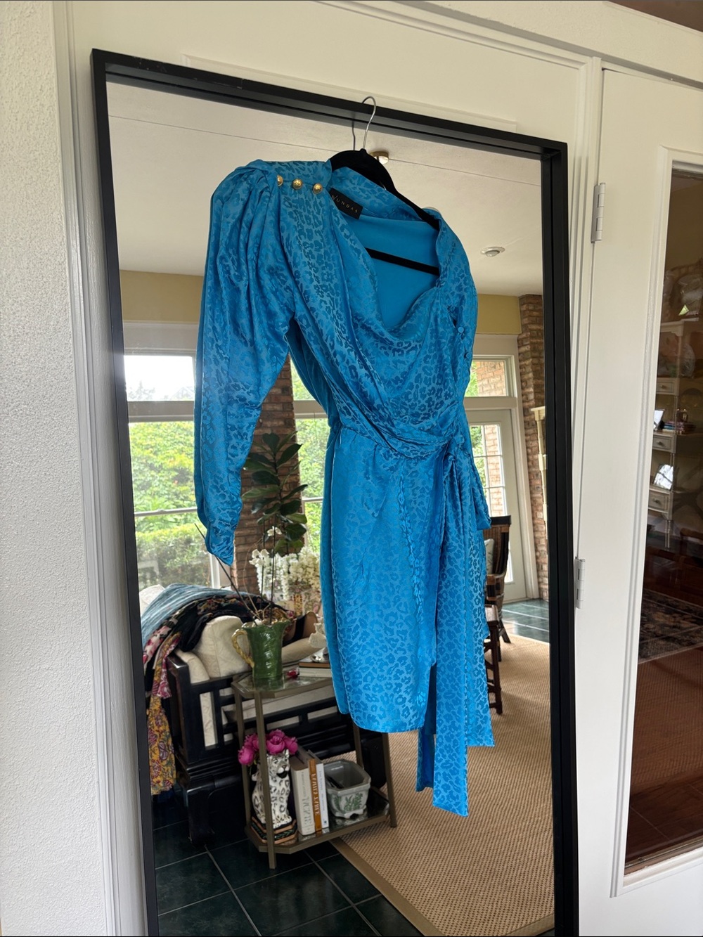 DUNDAS Teal Blue Satin Wrap Dress with Shoulder Buttons